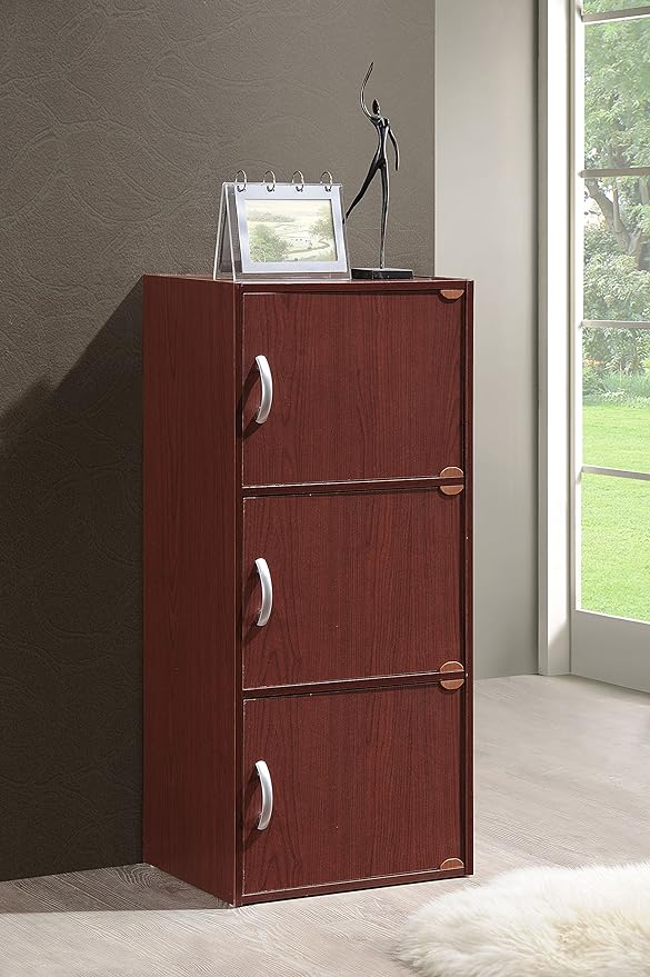 HODEDAH 3 Door Bookcase Cabinet, Mahogany