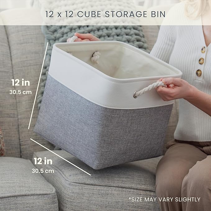 OrganiHaus 12x12 Cube Storage Bins 4 Pack, Foldable Cube Storage Organizer w/ Rope Handles, Collapsible Fabric Bins for Toys, Clothes & Closet Organization, Fabric Square Baskets - Gray/Black