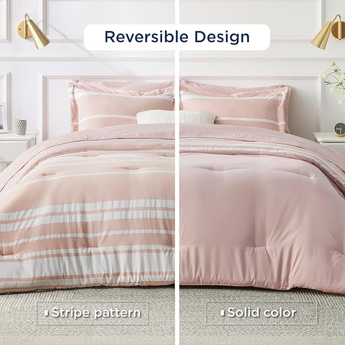 Bedsure Pink Comforter Set Full 7 Pieces, Light Pink White Striped Bedding Sets All Season Bed Set, 2 Pillow Shams, Flat Sheet, Fitted Sheet and 2 Pillowcases