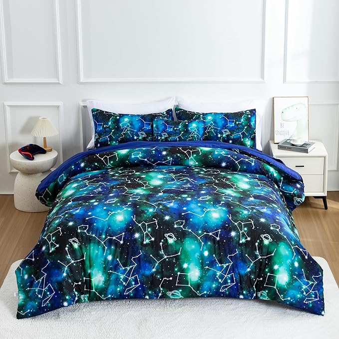 Btargot Lightweight Microfiber 6 Piece Comforter Set, Tie Dye Galaxy Constellation Pattern Bedding Set for Boys Girls Teen, Queen Black Green