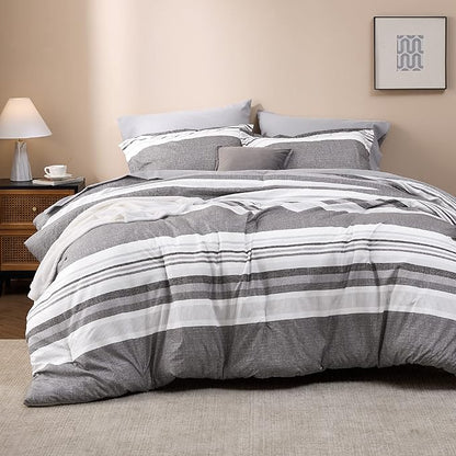 Bedsure Full Comforter Set - 7 Pieces Grey White Striped Bedding Sets Full Bed in A Bag with Comforters Full Size, Sheets, Pillowcases & Shams, Bed Sets