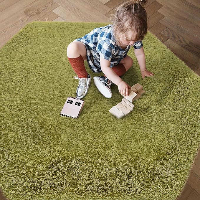 junovo Ultra Soft Rug for Nursery Children Room Baby Room Home Decor Dormitory Hexagon Carpet for Playhouse Princess Tent Kids Play Castle, Diameter 4.6 ft, Green