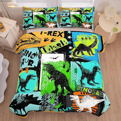 NINENINE Dinosaur Bedding Sets for Kids,Watercolor Dinosaur Comforter Set,Twin Size Bedding Sets for Kids,Colorful Plaid Bedding Set with 1 Comforter 1 Pillowcase…