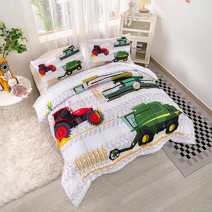 CVHOUSE Tractor Bedding Sets for Boys,Excavators Comforter King,Boys Cartoon Truck Comforter Set,Trucks Tractors Cars Quilt Set with 1 Comforter and 2 Pillow Cases- 3 Piece