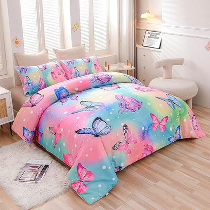 Btargot 3 Piece Butterfly Pattern Girls Comforter Set with 2 Pillow Covers, Gradient Line Rainbow Printed Bedding Set for Women, Queen Multi Color