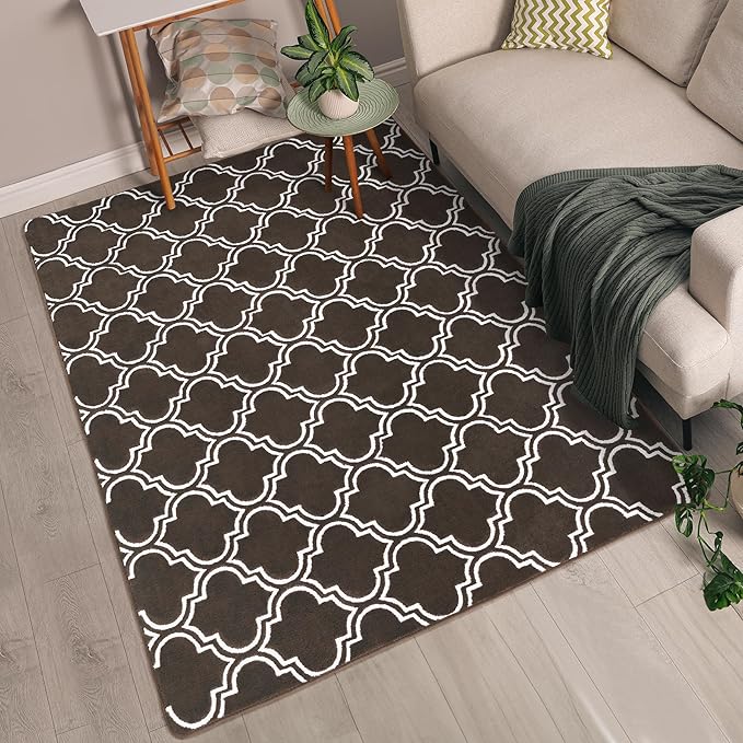 Chicrug Shag Geometric 7x10 Area Rug for Living Room, Large Modern Memory Foam Indoor Carpet, Fluffy Rug for Bedroom Bedside Room Decor for Family Girls Kids Nursery, Brown/White