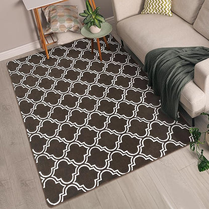 Chicrug Shag Geometric 7x10 Area Rug for Living Room, Large Modern Memory Foam Indoor Carpet, Fluffy Rug for Bedroom Bedside Room Decor for Family Girls Kids Nursery, Brown/White