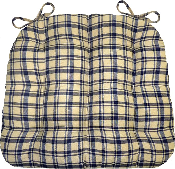 Barnett Home Decor Dining Chair Pad with Ties Montgomery Blue Plaid - Size Medium 16.5 x 18 16.5 x 18 - Latex Foam Fill Cushion, Reversible, Machine Washable - Blue and Beige Tartan