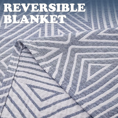 jinchan Boho 100% Cotton Blanket Muslin 50x60 Inches Lightweight 3-Layer Geometric Triangle Striped Pattern Reversible Quilt Throw Soft Breathable Comfy All Seasons for Couch Bed Decor, Blue