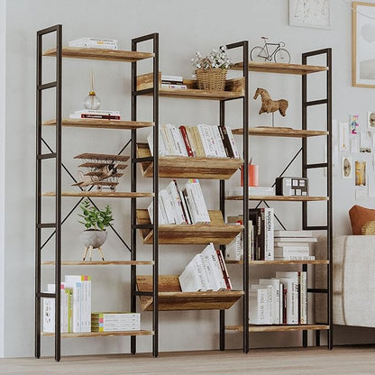 IRONCK Bookcases and Bookshelves Triple Wide 5 Tiers Industrial Bookshelf, Large Etagere Bookshelf Open Record Player Shelves with Metal Frame for Living Room Home Office