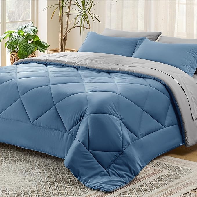 Bedsure Blue Bed Set King - 7 Pieces Reversible Blue Comforter Set King, Blue Bedding Set King with Comforters, Sheets, Pillowcases & Shams, King Size Blue Bed in a Bag