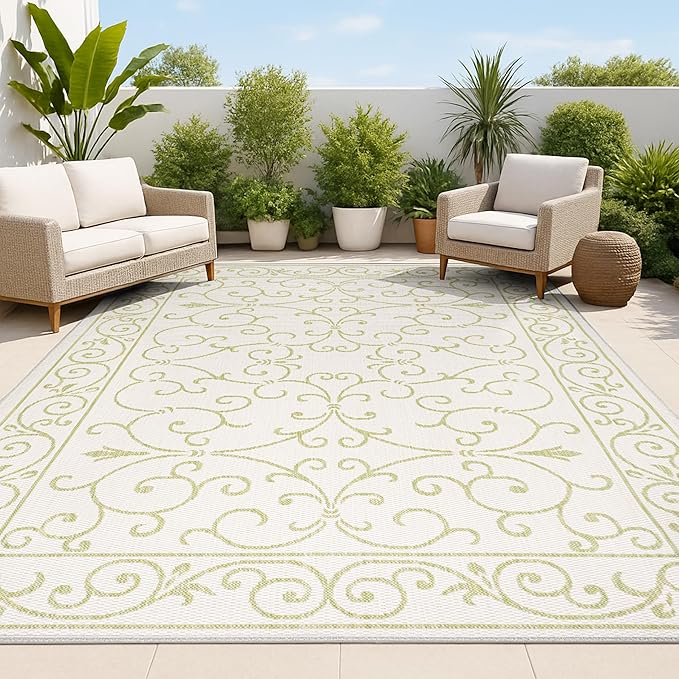 JONATHAN Y Vintage Filigree Indoor Outdoor Area Rug 9X12 Cream/Green, Charleston Textured Weave for Backyard, Patio, Porch, Easy-Cleaning, High Traffic, Pet-Friendly, Non-Shedding (SMB106I-9)