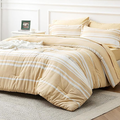 Bedsure Bed in a Bag California King Size 7-Piece Yellow White Striped Bedding Comforter Sets All Season Bed Set, 2 Pillow Shams, Flat Sheet, Fitted Sheet and 2 Pillowcases