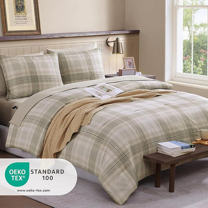 Beige King Size Comforter, Khaki Green Plaid King Comforter Set or Boys & Girls,Classic Homestead-style King Bedding Sets with King Size Bed Sheets and Comforter Sets