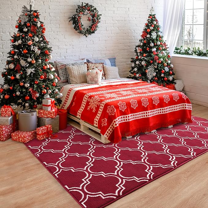 Chicrug Shag Geometric Modern Area Rug for Living Room, 3x5 Feet Large Memory Foam Indoor Carpet, Fluffy Rug for Bedroom Bedside Room Decor for Family Girls Kids Nursery, Wine Red/White