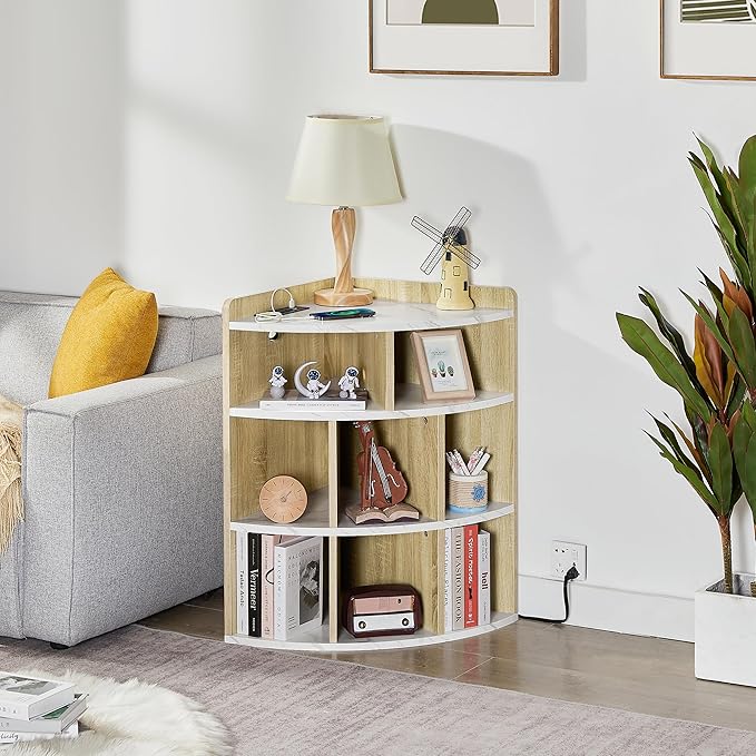 Vecelo Corner Cabinet with Charging Station, 3-Tier Cube Storage Organizer with USB Ports and Outlets, Triangle Bookcases Corner Shelf with 8 Cubbies for Playroom, Bedroom, Living Room, Marble White