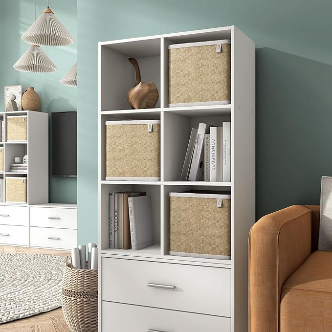Apexa 6 Cube Storage Organizer Shelves, Stackable Wood Bookcase Fits Cubby Bins for Organization, Dorm Teen Room Decor & Home Office, White