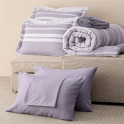 Bedsure Bed in a Bag Full Size 7 Pieces, Purple White Striped Bedding Comforter Sets All Season Bed Set, 2 Pillow Shams, Flat Sheet, Fitted Sheet and 2 Pillowcases