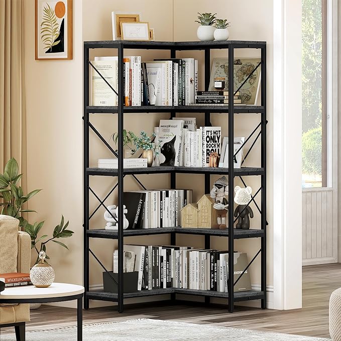 YITAHOME Corner Bookshelf, Industrial Corner Shelf 5 Tier Bookcase, Large Display Rack Storage for Bedroom, Living Room, Home Office,Charcoal Gray + Black