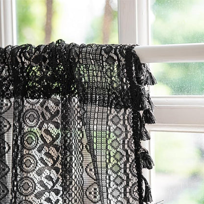 Sutuo Home Boho Valance Curtains for Kitchen Crochet Lace Sheer Bohemian Hollow Knitted with Tassels, Privacy Vintage Rustic Gothic Farmhouse Drapes, Rod Pocket 1 Panel 59" W x 18" L, Black
