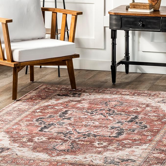 nuLOOM Emmy Faded Persian Machine Washable Ultra Thin Area Rug, 5' x 8', Red