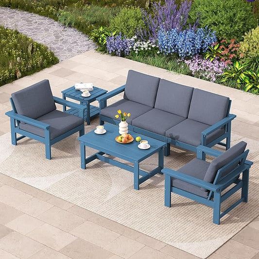 SERWALL HDPE Patio Coversation Set, 7-piece Outdoor Sectional Sofa Set, All Weather Patio Couch Set Patio Furniture for Balcony, Deck, Navy Frame with Grey Cushion