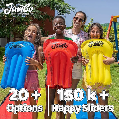 JAMBO XL Premium 20Ft Slip Splash and Slide with 2 Bodyboards, Heavy Duty Water Slide with Advanced 3-Way Water Sprinkler System, Backyard Waterslide, Splash Mat, Outdoor Water Toys n Slides for Kids