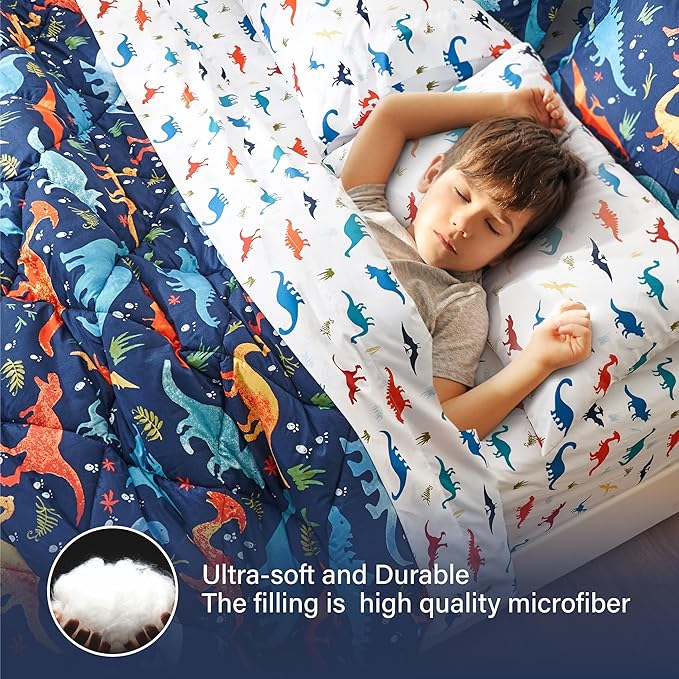 Kids Twin Dinosaur Bedding Comforter Set for Boys, 5 Pieces Twin Size Dinosaur Kids Bedding Set, Super Soft Lightweight Microfiber Comforter Set with Sheets for All Seasons