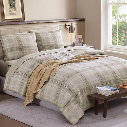 Beige Twin Comforter Set, Khaki Green Plaid Twin XL Comforter Set for Boys & Girls,Classic Homestead-style Twin Bed Set with Sheets and Comforter Set
