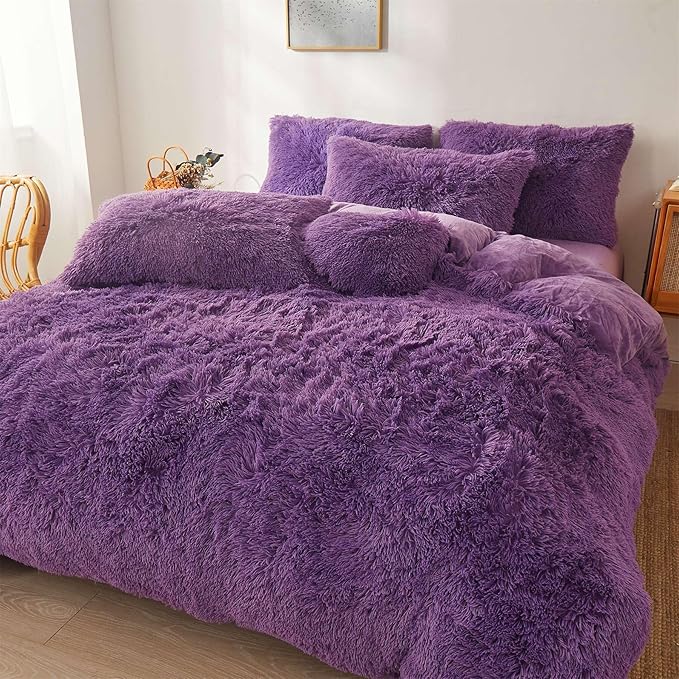 FOPPA Dark Purple fluffy Comforter Cover Set king- Ultra Soft fluffy Purple Bedding Sets 3 Pieces (1 Duvet Cover + 2 Pillow case) pink fluffy bed set (Dark Purple, King)
