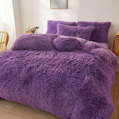 FOPPA Dark Purple fluffy Comforter Cover Set king- Ultra Soft fluffy Purple Bedding Sets 3 Pieces (1 Duvet Cover + 2 Pillow case) pink fluffy bed set (Dark Purple, King)