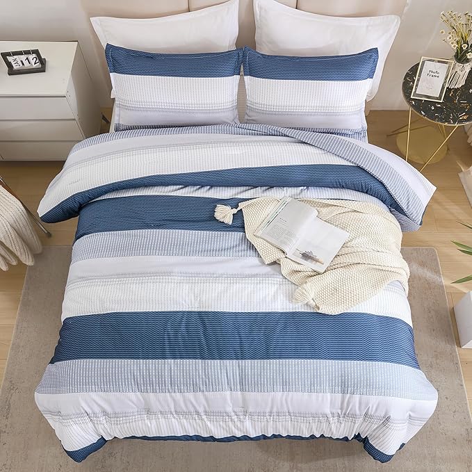 Litanika Mineral Blue Bed Comforter Set Twin/Twin XL Size, 2 Pieces Lightweight Striped Bedding Comforter Set, Soft All Season Down Alternative Comforter (1 Comforter, 1 Pillowcase)