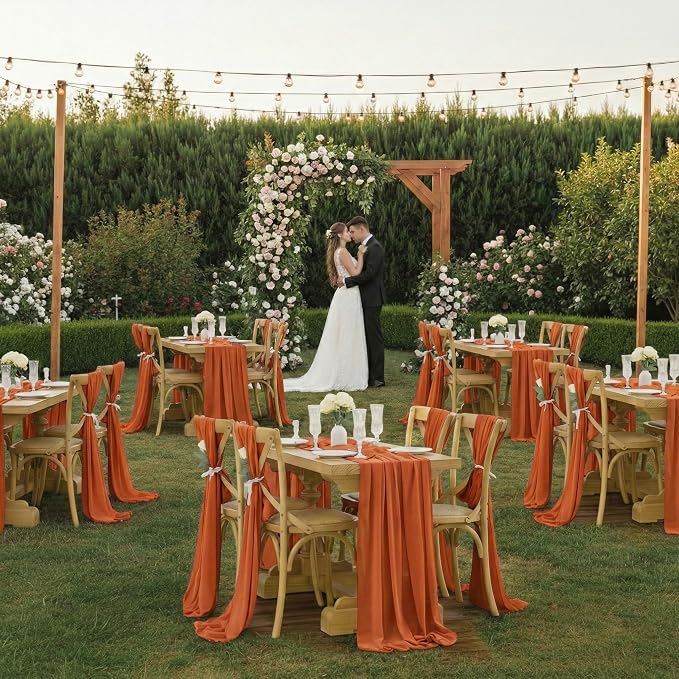 Pack of 25 | Brunt Orange | 10ft Chiffon Table Runner 29x120 Inches Long Romantic Rustic Sheer Gauze Runner for Wedding Bridal Shower Birthday Banquets Engagement Spring Easter Boho Decorations