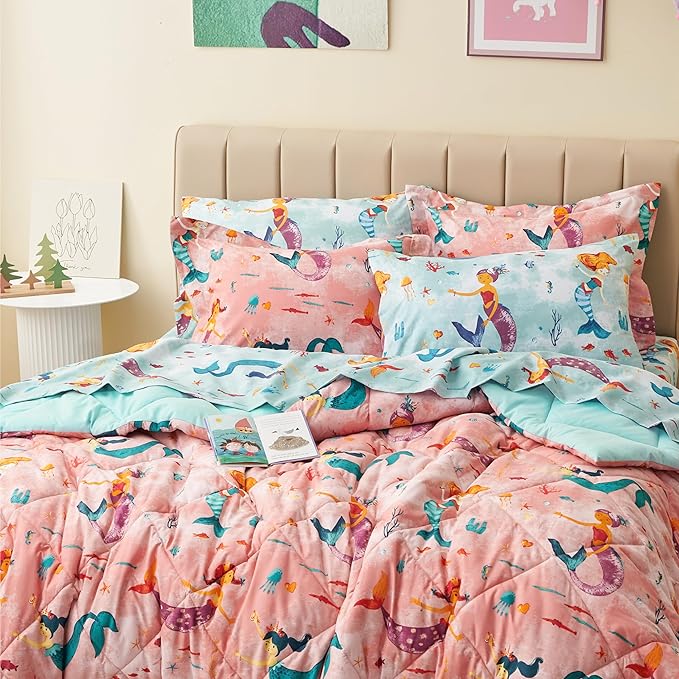 Twin Size Mermaid Kids Bedding Set for Girls, 5 Pieces Super Soft Lightweight Microfiber Comforter Set with Sheets, Bed in a Bag, Durable Children Bed Set