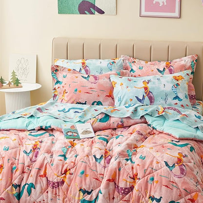 Twin Size Mermaid Kids Bedding Set for Girls, 5 Pieces Super Soft Lightweight Microfiber Comforter Set with Sheets, Bed in a Bag, Durable Children Bed Set