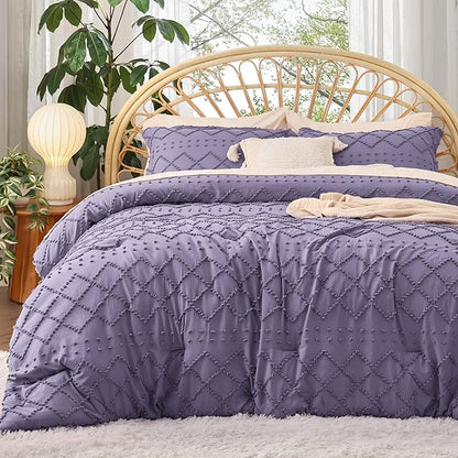 Bedsure King Size Comforter Set - Grayish Purple Comforter, Boho Tufted Shabby Chic Bedding Comforter Set, 3 Pieces Farmhouse Bed Set for All Seasons, Fluffy Soft Bedding Set with 2 Pillow Shams