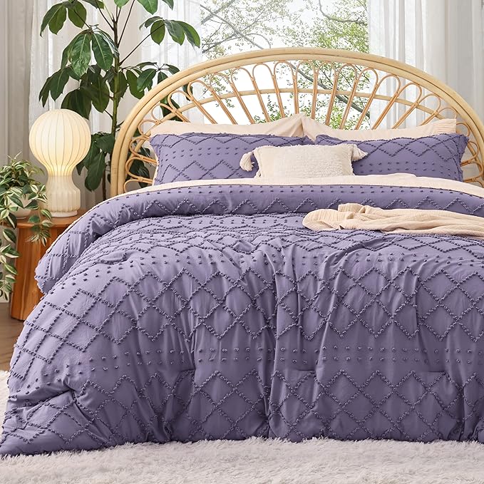 Bedsure Full Size Comforter Set - Grayish Purple Comforter, Boho Tufted Shabby Chic Bedding Comforter Set, 3 Pieces Farmhouse Bed Set for All Seasons, Fluffy Soft Bedding Set with 2 Pillow Shams