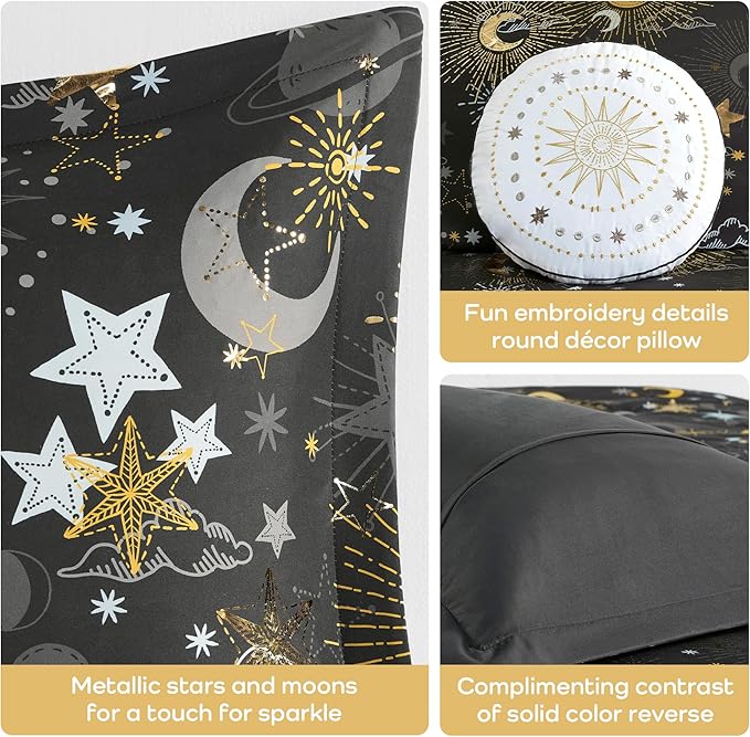 Mi Zone Kids Full Comforter Set, Celestial Metallic Comforter Set Starry Sky, Moon & Sun Comforter, All Seasons Lightweight & Fluffy Comforter Bed Set, 2 Shams, Celia, Full/Queen Charcoal/Gold 4 Piece