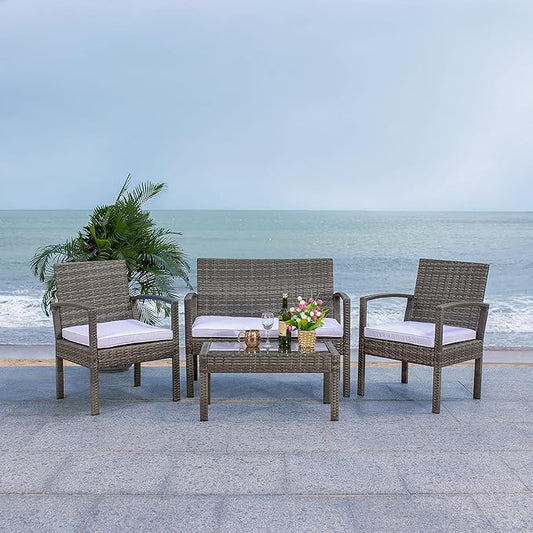 SAFAVIEH Outdoor Collection Bassey Grey Brown/White Cushion 4-Piece Conversation Patio Set PAT7507C