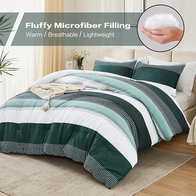 Litanika Dark Emerald Green California King Comforter Set - 3 Pieces Cal King Oversized Lightweight Summer Colorblock Stripe Bedding Set (104x96In, 2 Pillowcases)