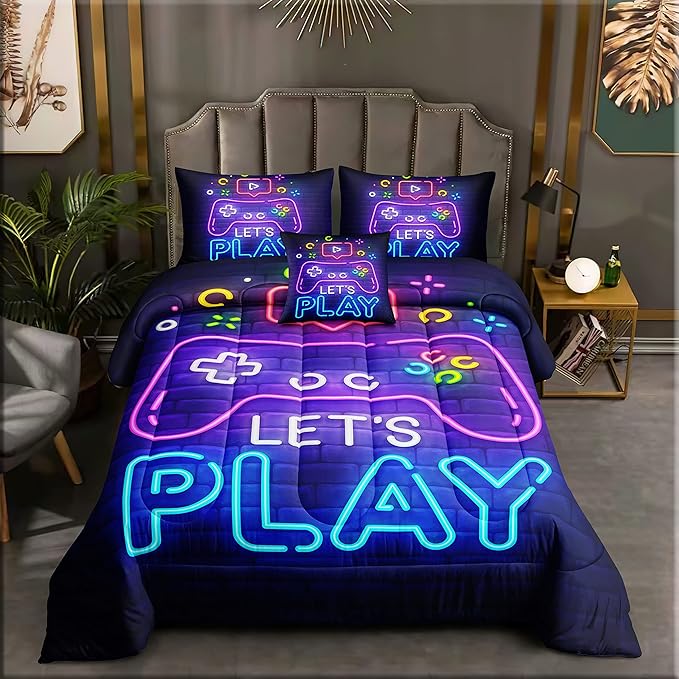 6 Pieces Gamer Bedding Set for Boys Gaming Comforter Full Size, Game Controller Comforter for Teen 3D Gamepad Microfiber 6 Piece Bed in A Bag Kids Bedding Sets with Sheets,DJT H5030 Full