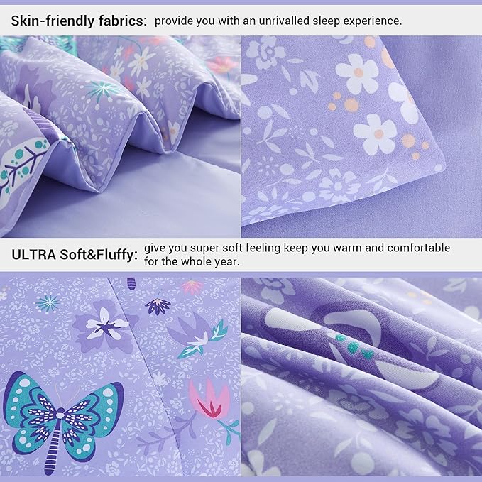 Mooreeke Bed in a Bag for Kids Girls Teens, 8 Pieces Full Size Comforter Bed Set with Shams, Sheet Set and Decorative Toy Pillow, Butterfly Purple Super Soft Microfiber Kids Comforter Bedding Set