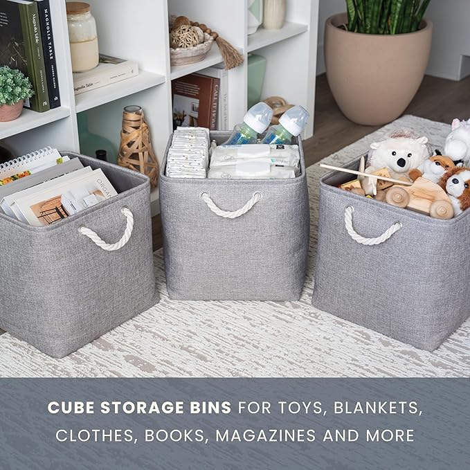 OrganiHaus 13x13 Cube Storage Bins 4 Pack, Foldable Cube Storage Organizer w/ Rope Handles, Collapsible Fabric Bins for Toys, Clothes & Closet Organization, Fabric Square Baskets - Gray