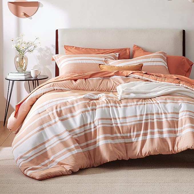 Bedsure Bed in a Bag California King Size 7 Pieces, Burnt Orange White Striped Bedding Comforter Sets All Season Bed Set, 2 Pillow Shams, Flat Sheet, Fitted Sheet and 2 Pillowcases