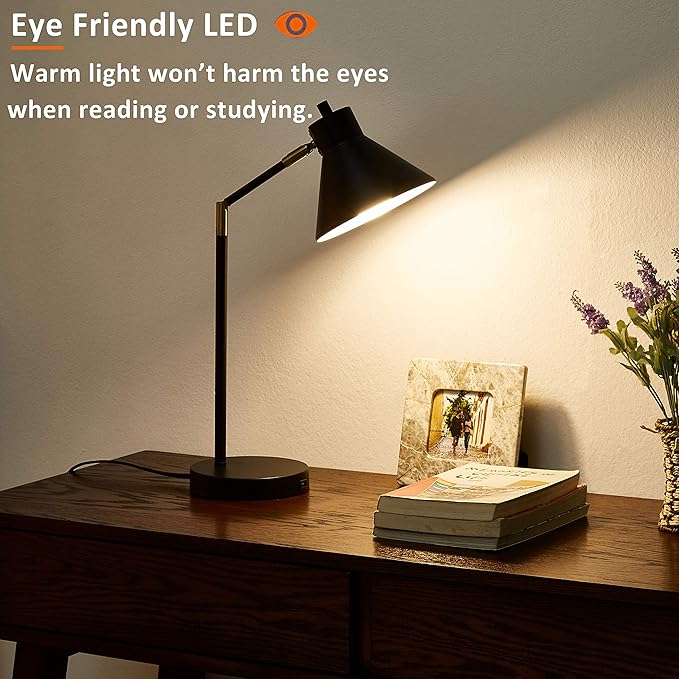 LED Desk Lamp with USB Charging Port, 100% Metal Lamp, 270° Flexible Swivel Arms, Soft White LED Reading Light (2700K), Bedside Reading Lamp, Office Lamp, Table Lamp, UL Listed (Black)