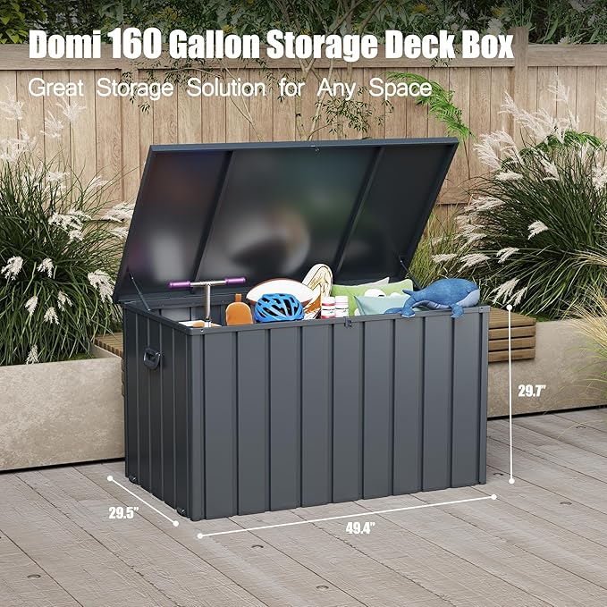 Domi Deck Box 160 Gallon, Waterproof Lockable Steel Outdoor Storage Container for Outside Cushions, Garden Tools and Pools Equipment, Gray