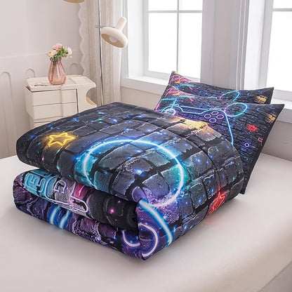 NINENINE Gaming Bedding Sets for Boys 5PCS Queen Size Comforter Gamer Contoller Video Bed in A Bag Kids Teens Black Bedding Comforter Sheet Set(1Comforter, 1Flat Sheet, 1Fitted Sheet, 2Pillowcases)