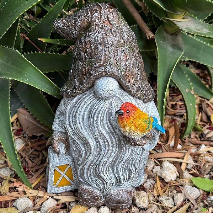 Mood Lab Garden Gnome - Stone Gnome Figurine - 9.1 Inch Tall Lawn Statue with Bird - for Outdoor or House Decor