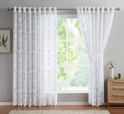 LinenZone 108x100 2 White Lace Wall-to-Wall Curtains. (Lisa 108x100, White) | 2 Elegant Knitted Lace Wall-to-Wall Curtains with Scalloped Bottom and Tiebacks for Extra Large Windows .