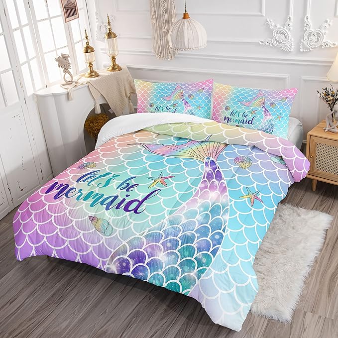 Datura home Bedding Comforter Set Rainbow Scales Mermaid Printed Pattern Bedding Set with 1 Comforter and 2 Pillowcases for Girls Bedroom All Season(Rainbow Scales Mermaid Twin), 68x86inches